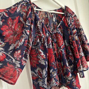 Red and Blue Floral Flowy Blous